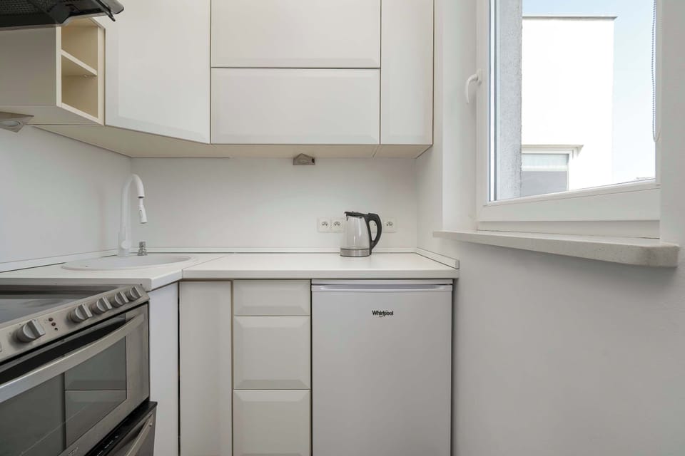A functional perspective of the small kitchen, showing the sink area, compact appliances, a window, and the upper cabinetry.