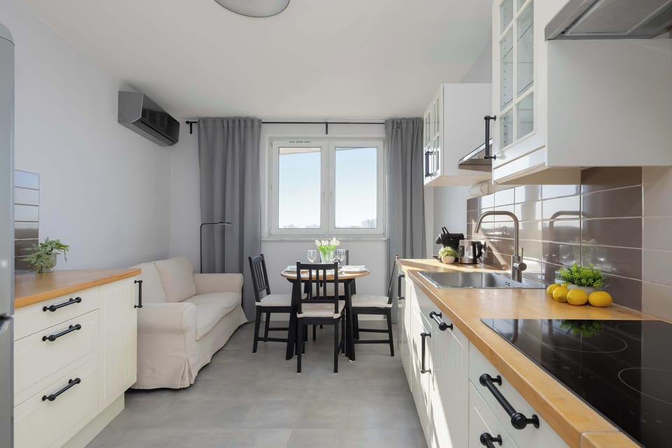 A full view of the living and kitchen area demonstrates the apartment's efficient layout. Modern track lighting and neutral wall tones create a cohesive and contemporary interior.