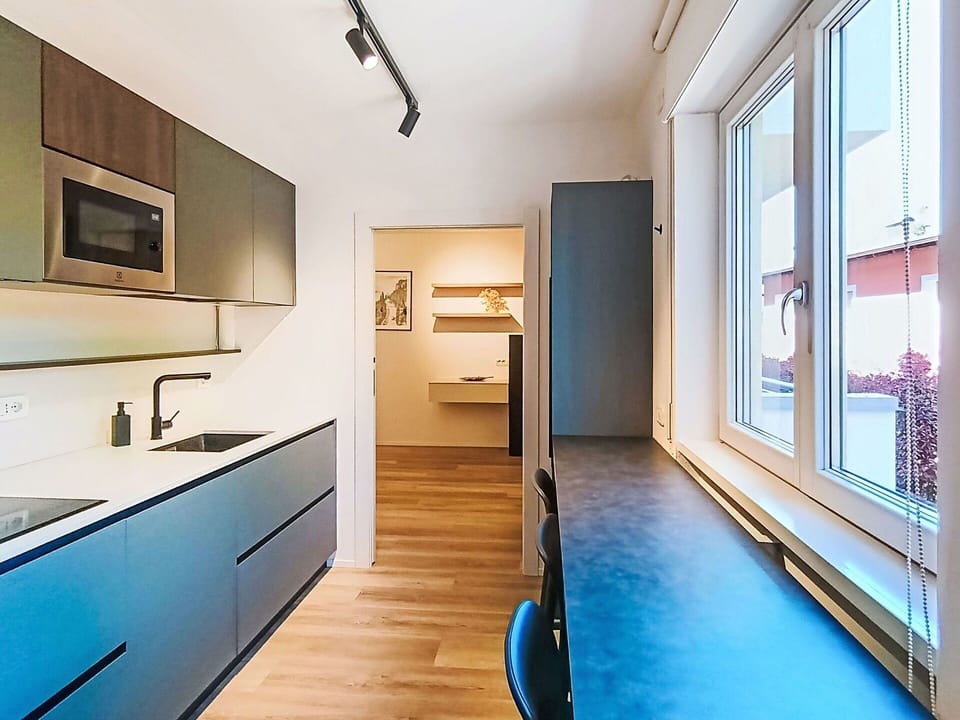 Interior Design, Flooring, Ceiling, Countertop, Floor, Kitchen, Lighting, Apartment, Room, Home
