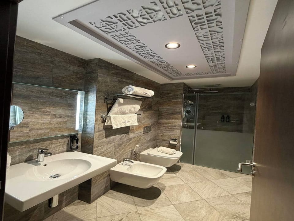 Shower, hair dryer, bidet, towels