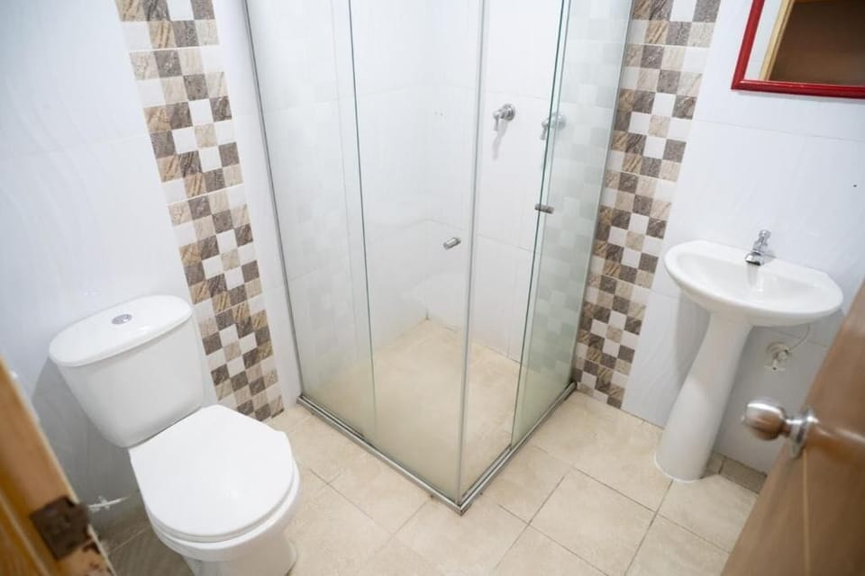 Shower, towels, soap, toilet paper