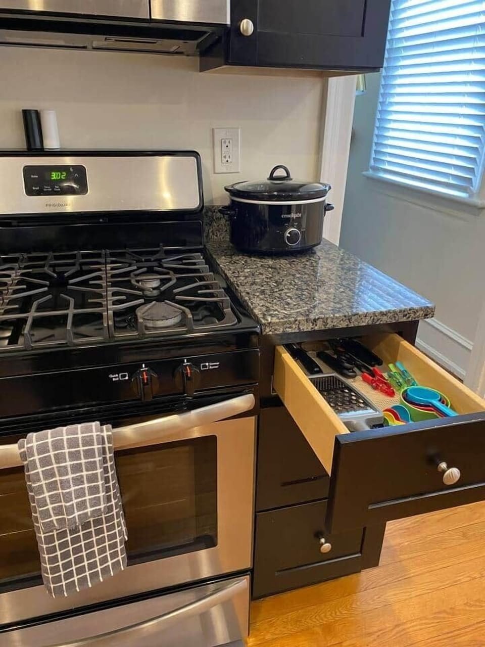 Fully equipped kitchen includes cooking tools, toaster, crockpot, coffee maker and Keurig tea/coffee maker. 