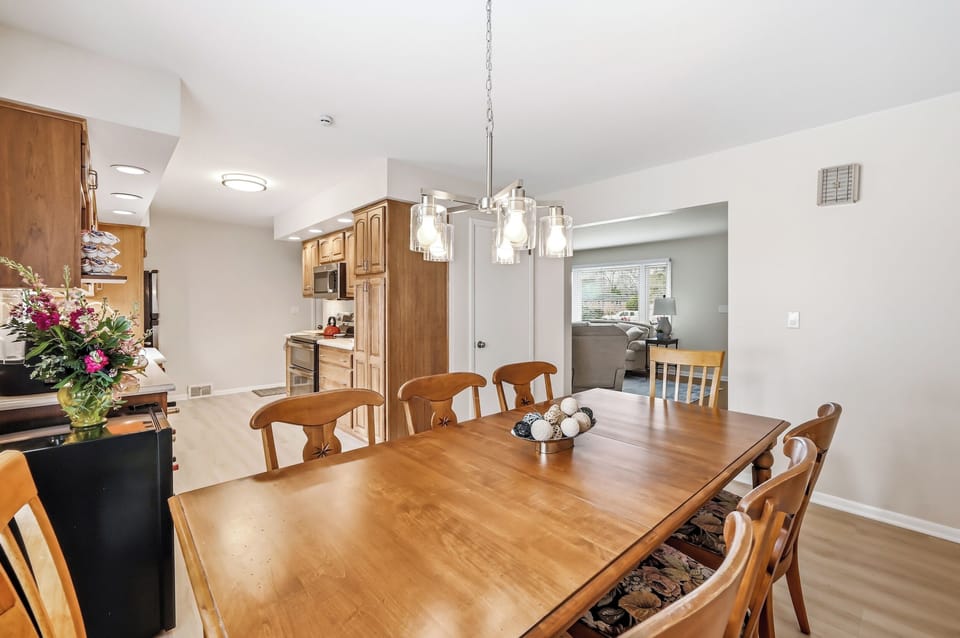 The dining table seats 8 comfortably.
