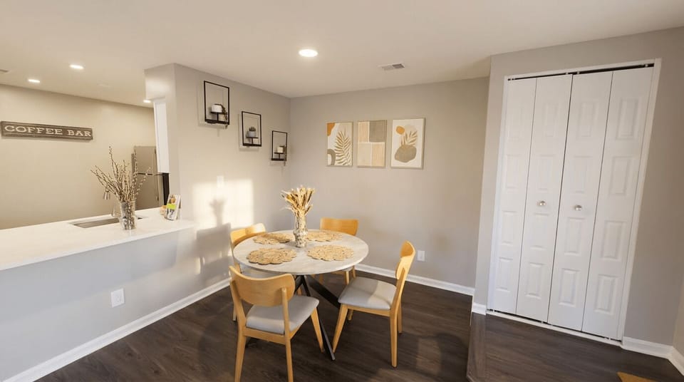 Dining table and open kitchen for meals at home