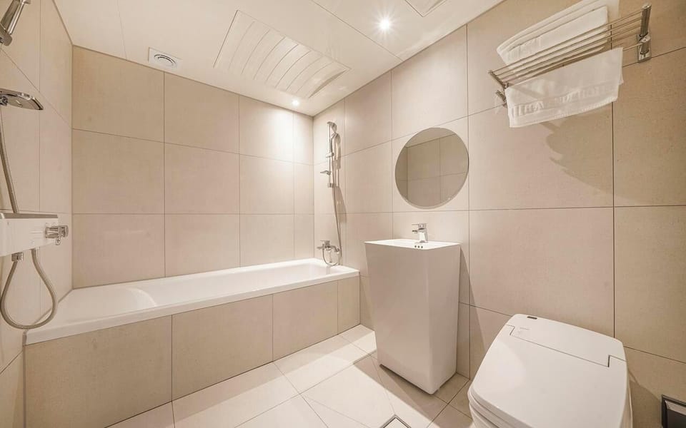 Separate tub and shower, hydromassage showerhead, free toiletries
