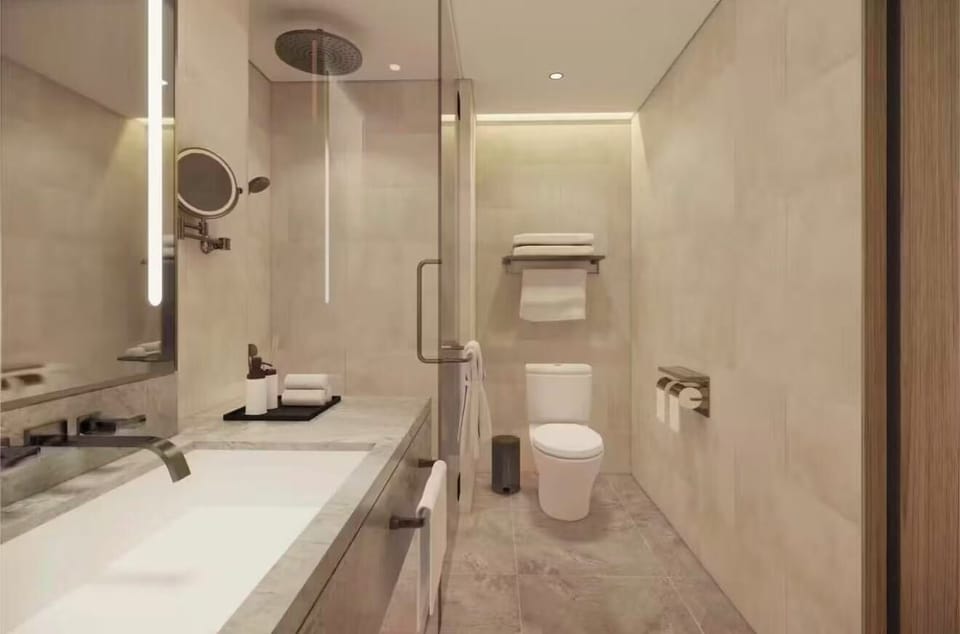 Hair dryer, slippers, towels, soap