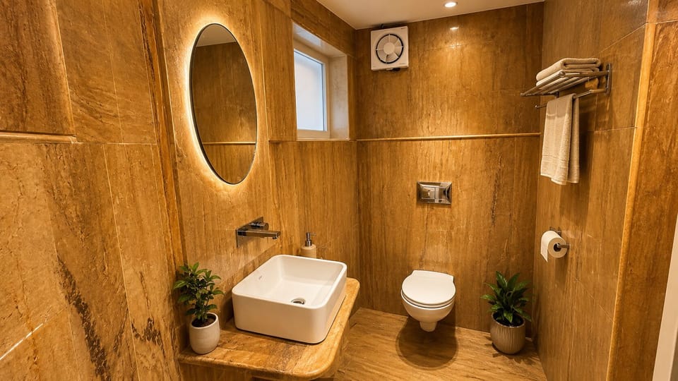 Shower, slippers, towels, soap
