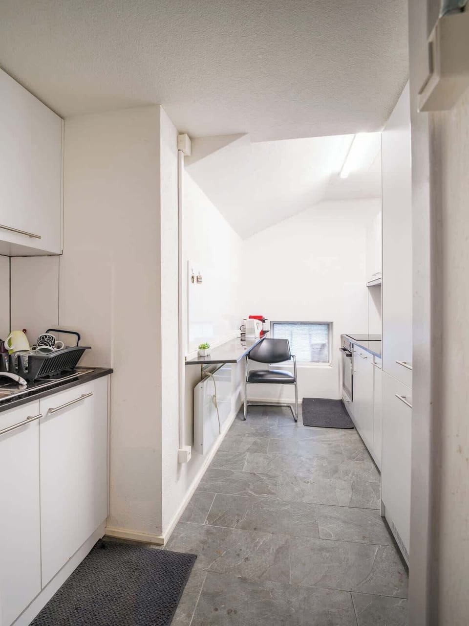 Long shared kitchen with cooking area and workspace