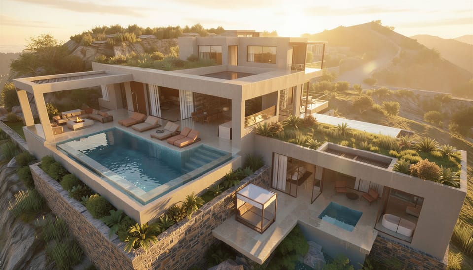 Perched on cliffs in Agia Pelagia, the villa spans 450 m² indoors and 450 m² out