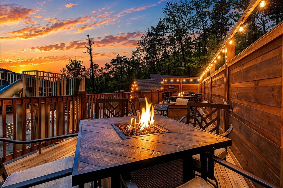 Private deck with fire table ideal for relaxing, dining, and sunset views
