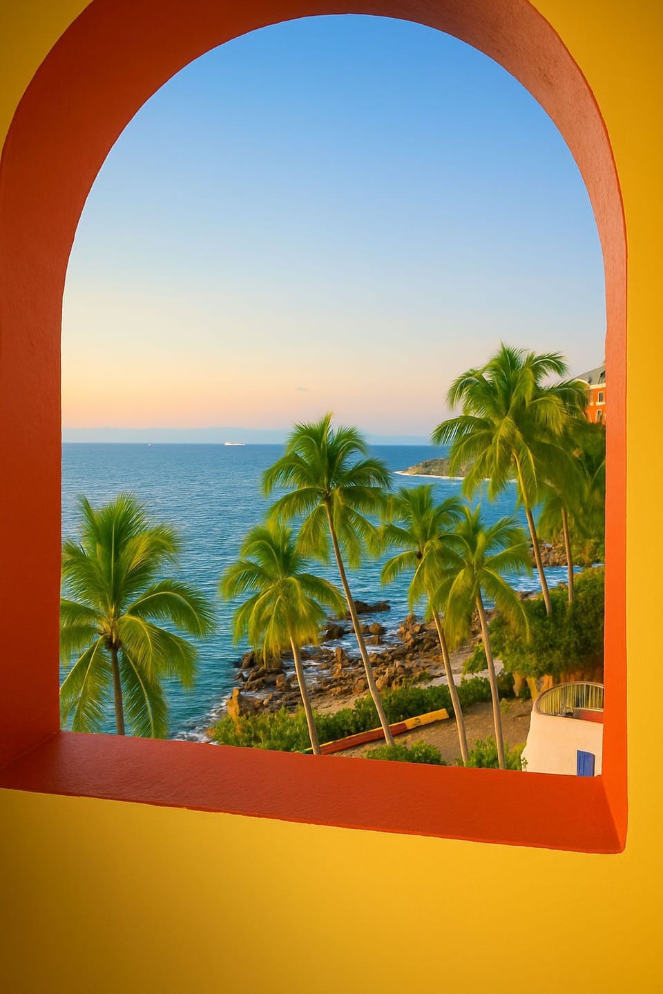 A charming archway frames a stunning vista of palm trees swaying gently by the sparkling sea.