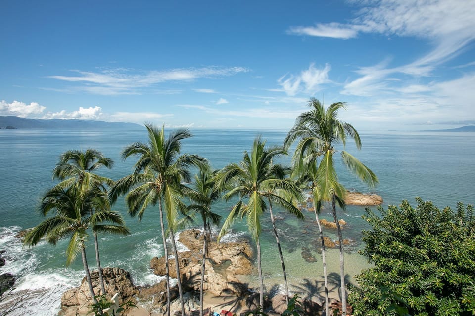 The dramatic shoreline features tropical vibe beautifully against the glimmering ocean.