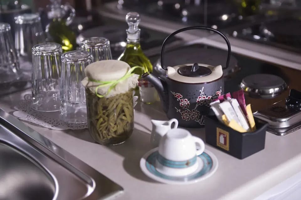 Mini-fridge, oven, highchair, cookware/dishes/utensils