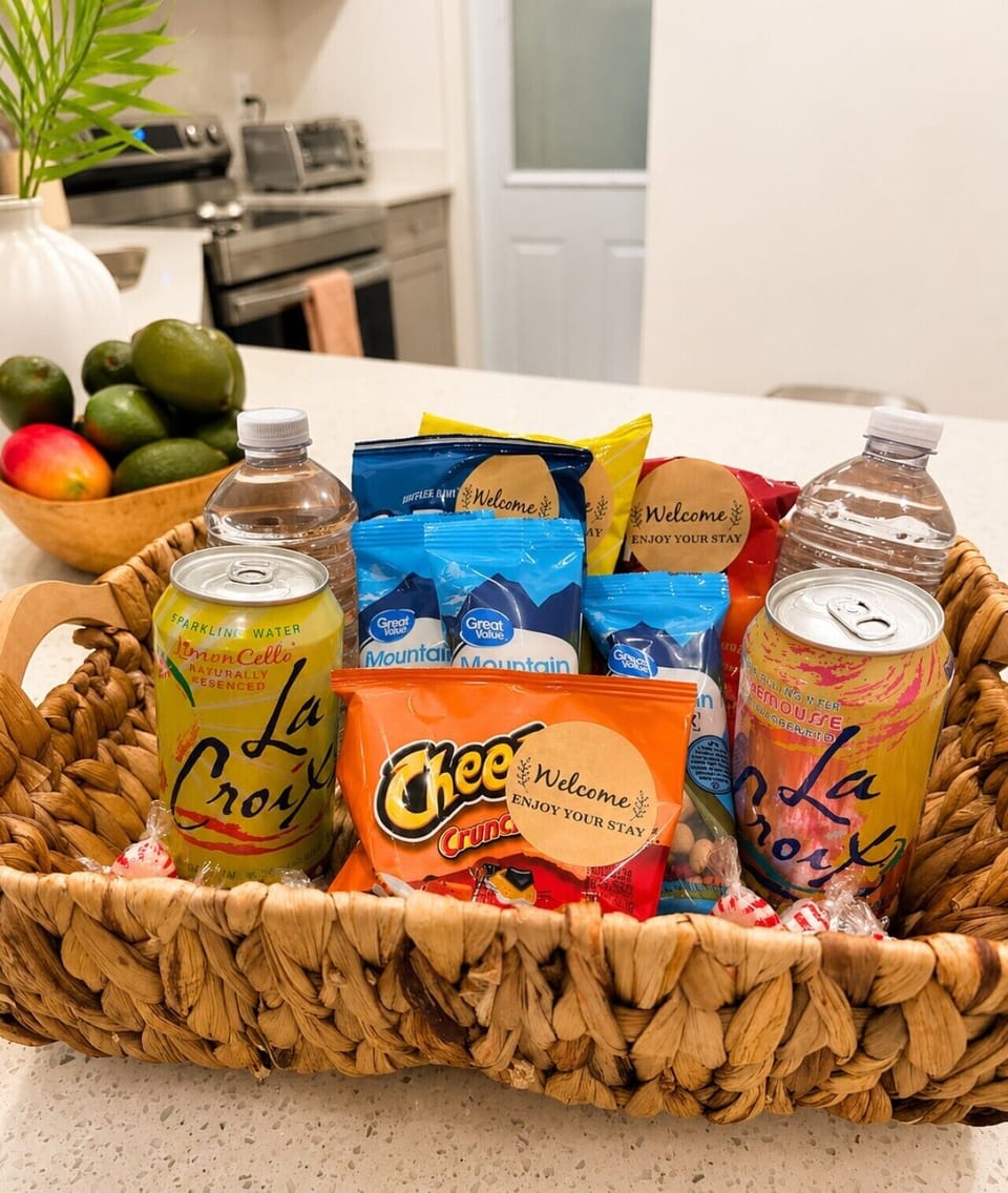 Guests are greeted with a thoughtful welcome basket upon arrival.
