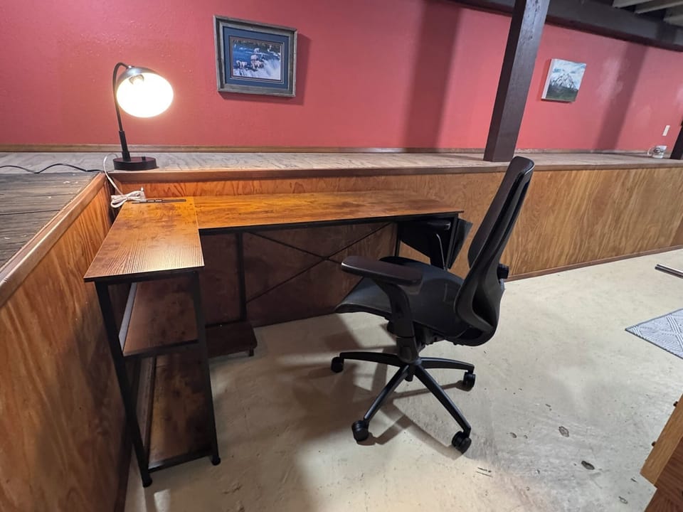 Dedicated workstation in basement with desk, office chair, and lamp  