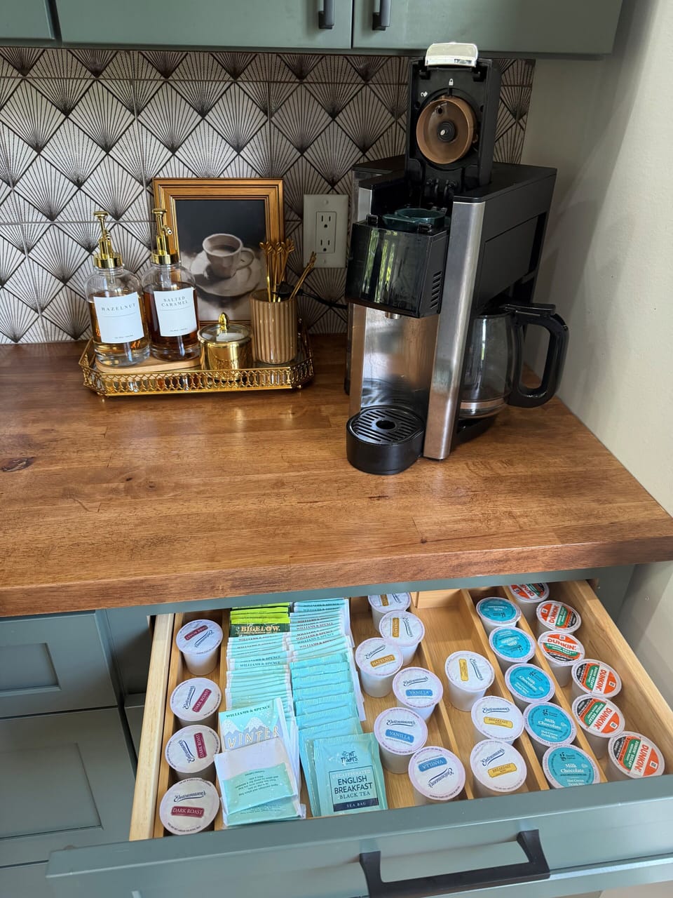 Coffee bar with drip and pods, tea, and hot chocolate