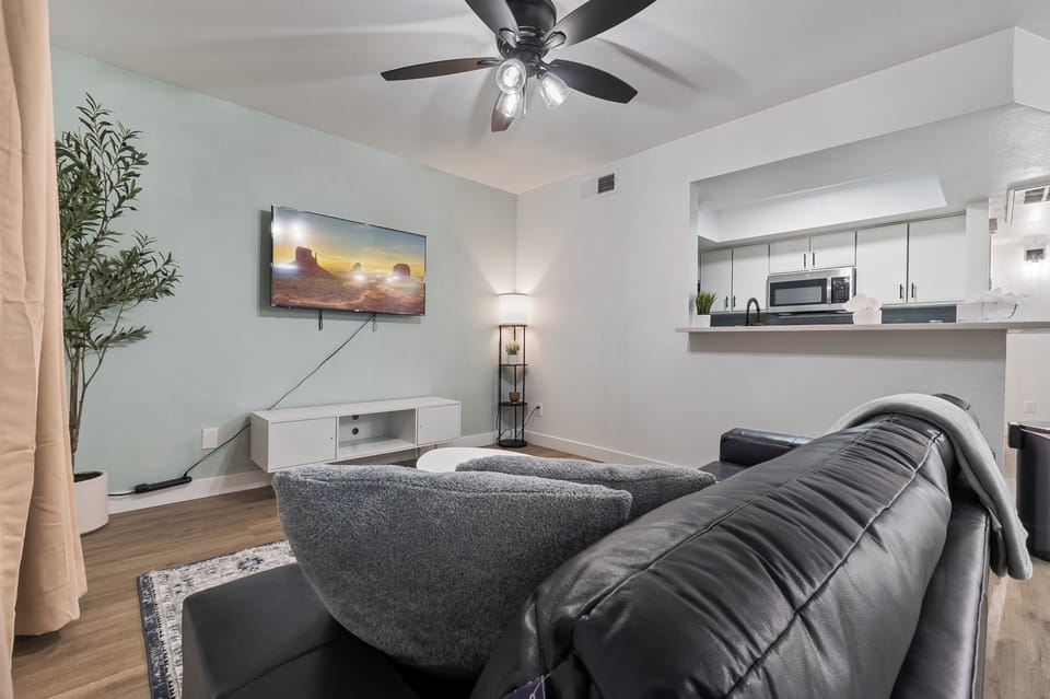 aesthetic plant, cozy sofa with soft throw, Smart streaming TV