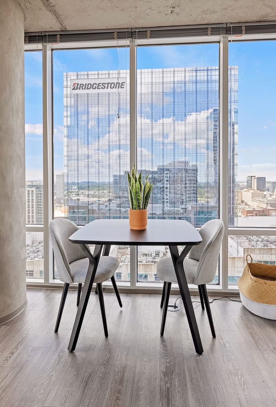 Sip morning coffee at the window with city panoramas.