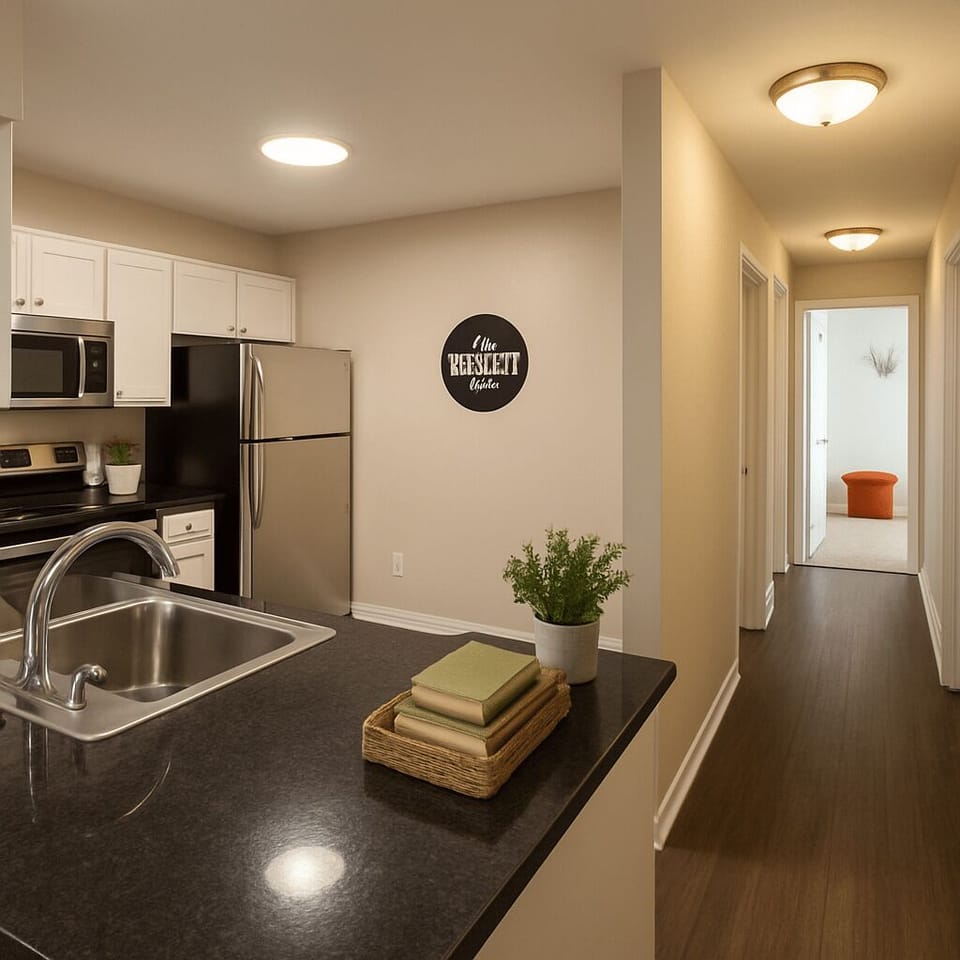 Kitchen island and open hallway view