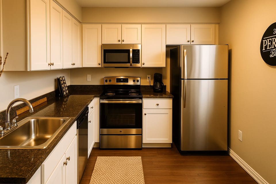 Full kitchen with stainless-steel appliances
