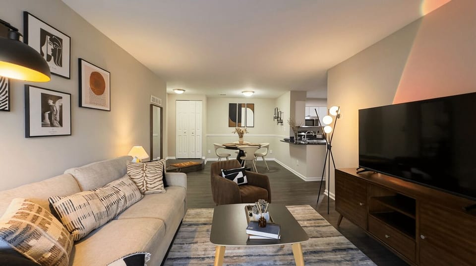 Open-concept living room, kitchen and smart TV