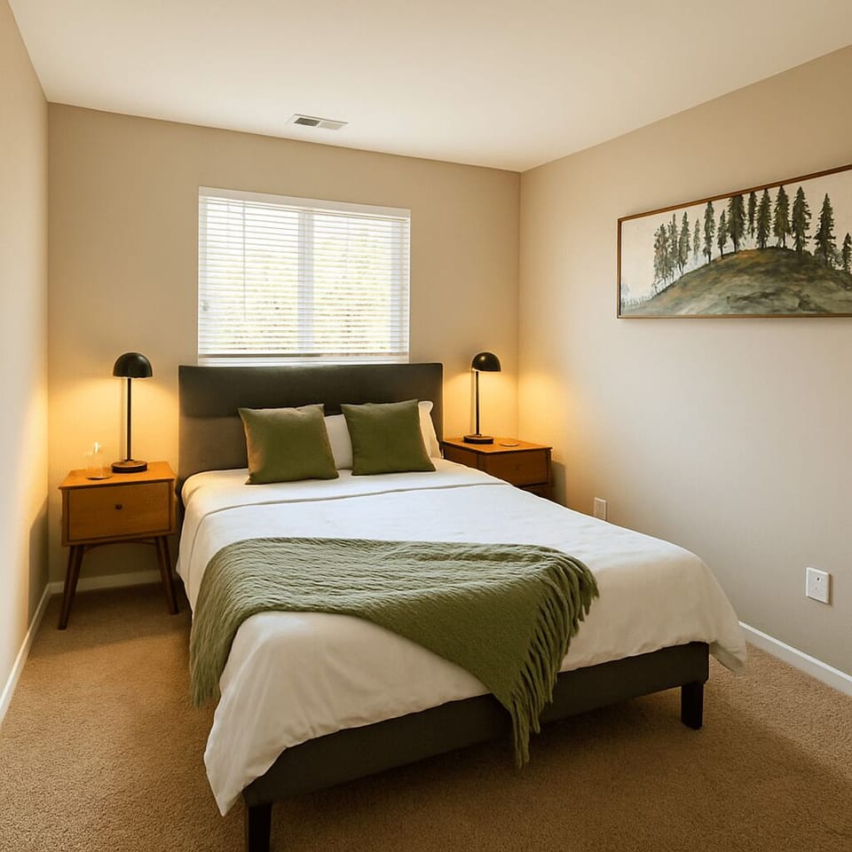 King bedroom with green accents and forest artwork