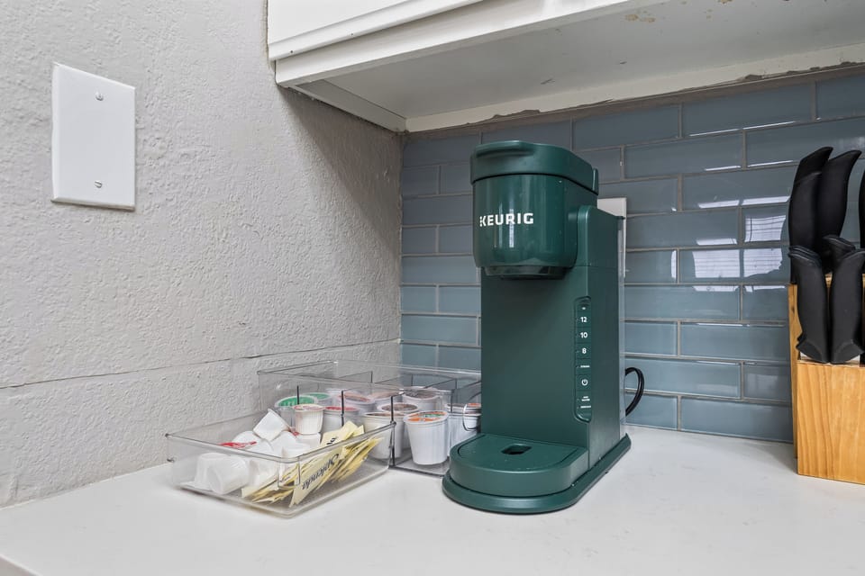 K-cups and coffee basics are provided for each guest
