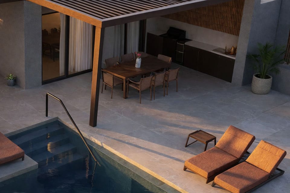 A bespoke outdoor kitchenette & dining area invites moments of togetherness