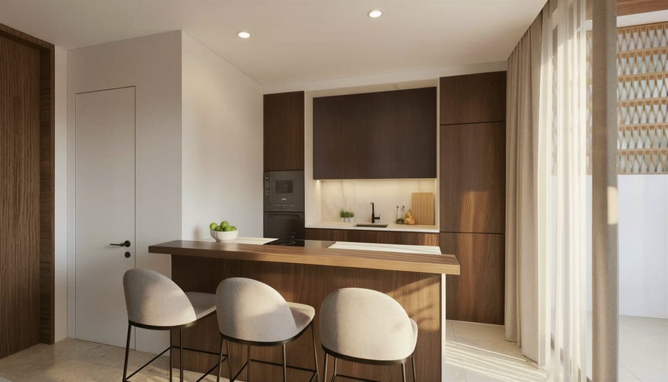 An elegant indoor kitchen and open-plan lounge area