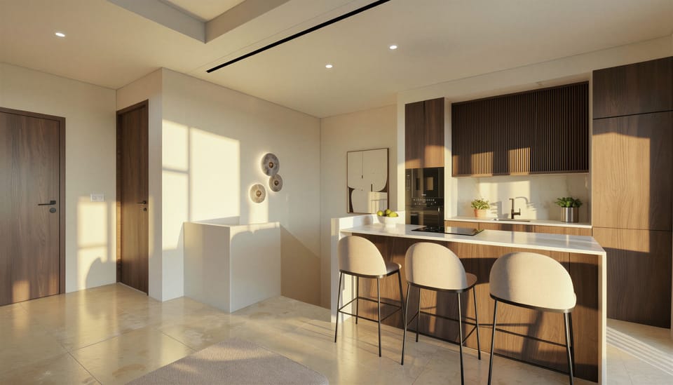 An elegant indoor kitchen and open-plan lounge area.