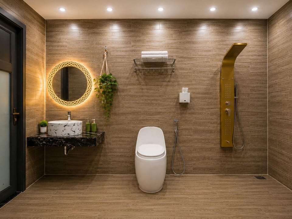 Shower, rainfall showerhead, designer toiletries, hair dryer
