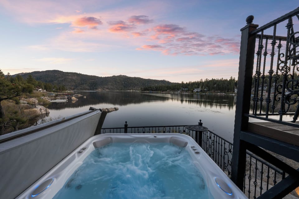 Hot Tub - Deck with incredible views of Big Bear Lake, comfy patio seating, gas BBQ, fire pit, and private hot tub.