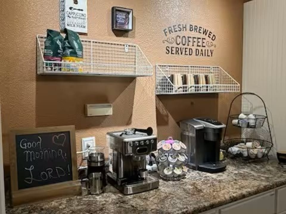 Complimentary coffee, Keurig and espresso machine.