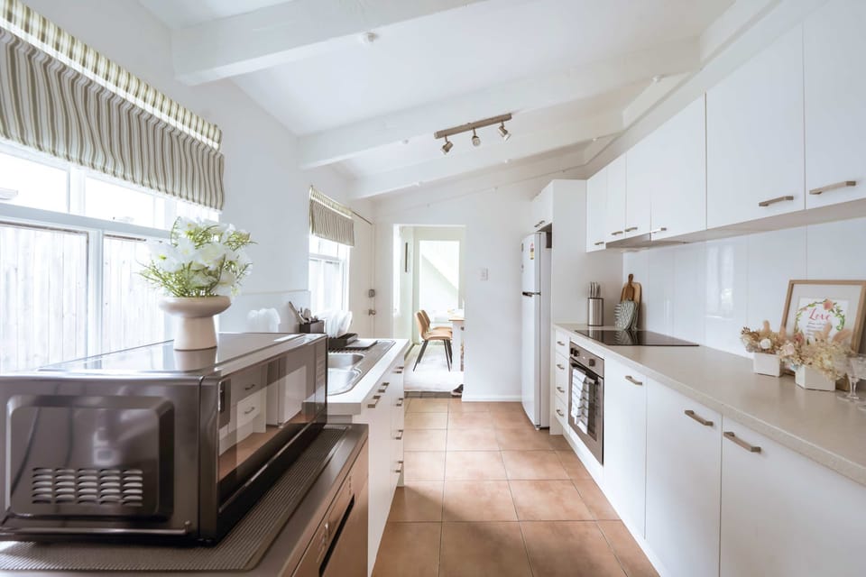 full fridge, dishwashing, electric stove, full kitchen utensil, pan & pot, coffee machine, microwave, dishwashing, stove, rangehood, tea, coffee, sugar, oil, rubbish bin for wet plus recycle bin, salt and pepper, kitchen towel, wrap & aluminium foil