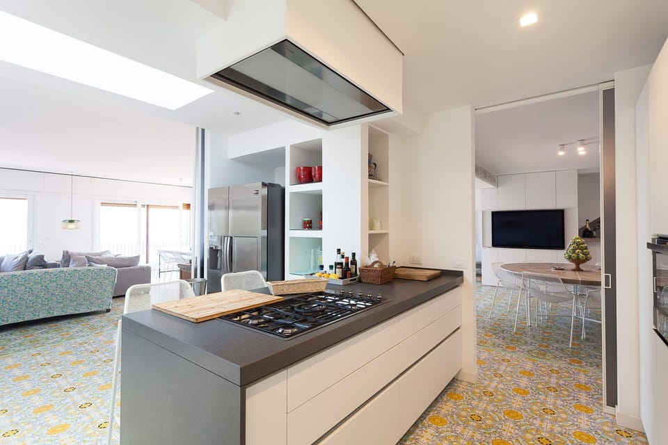 Kitchen, Countertop, Interior Design, Flooring, Kitchen Appliance, Floor, Furniture, Wood, Ceiling, Major Appliance