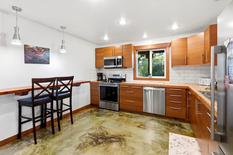 Kitchen with bar seating for two
