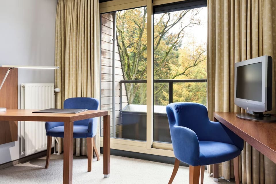 Work peacefully by the window with calming treetop scenery.