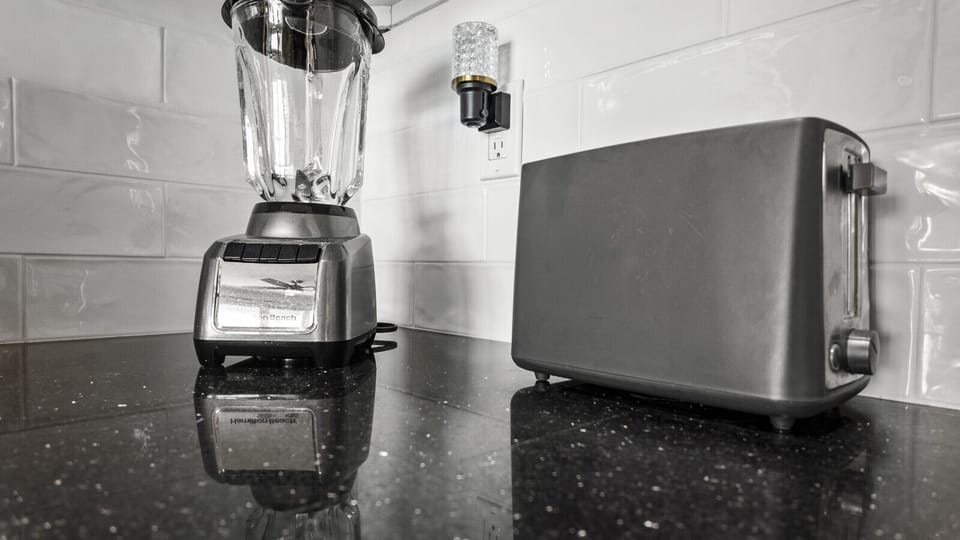 Kitchen essentials at Me Time, We Time | Casa del Mar 214 including blender and toaster for quick breakfasts or beach-day prep.