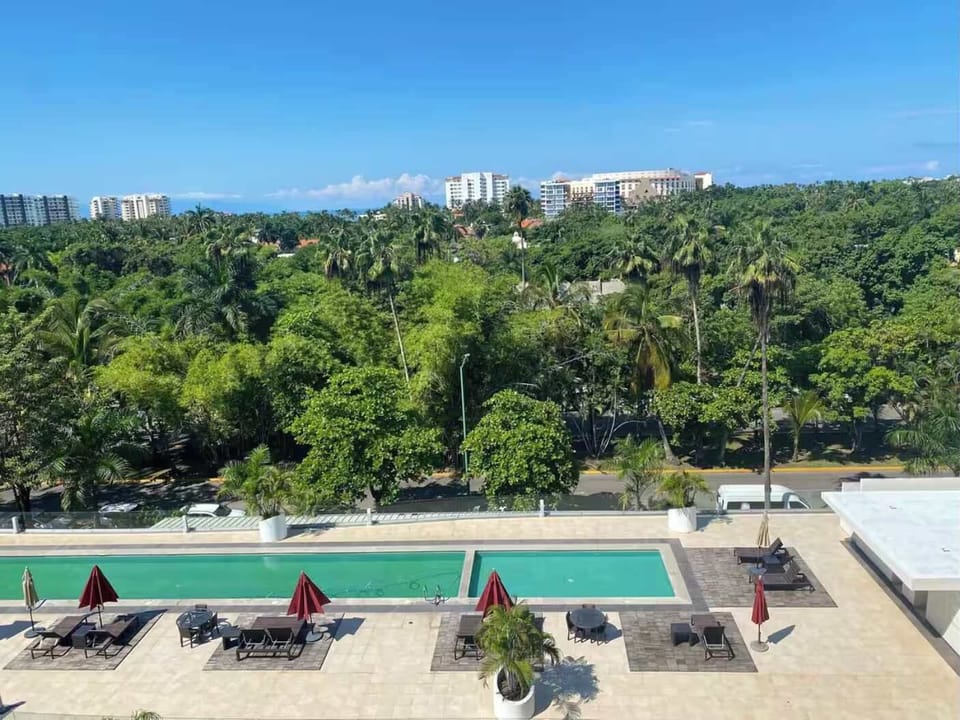 Elevated view of the pool framed by tropical greenery & open skies