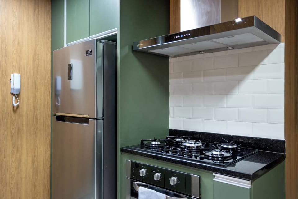 Design Apartment, Kitchen, Courtyard View | Private kitchen | Full-size fridge, microwave, oven, stovetop
