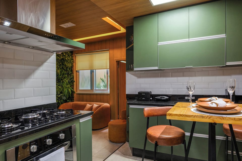 Design Apartment, Kitchen, Courtyard View | Private kitchen | Full-size fridge, microwave, oven, stovetop