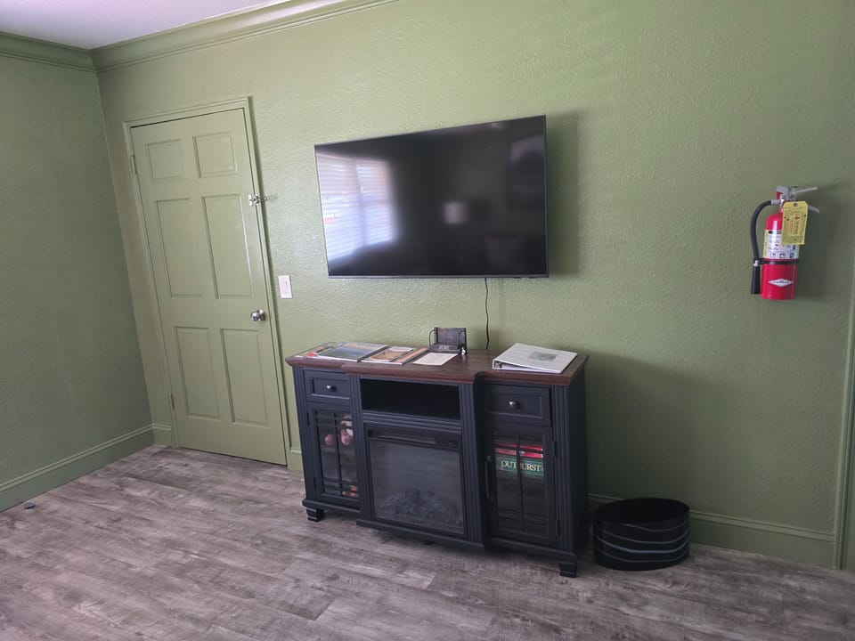 Living room with smart TV, and electric fireplace. Toys and books for children