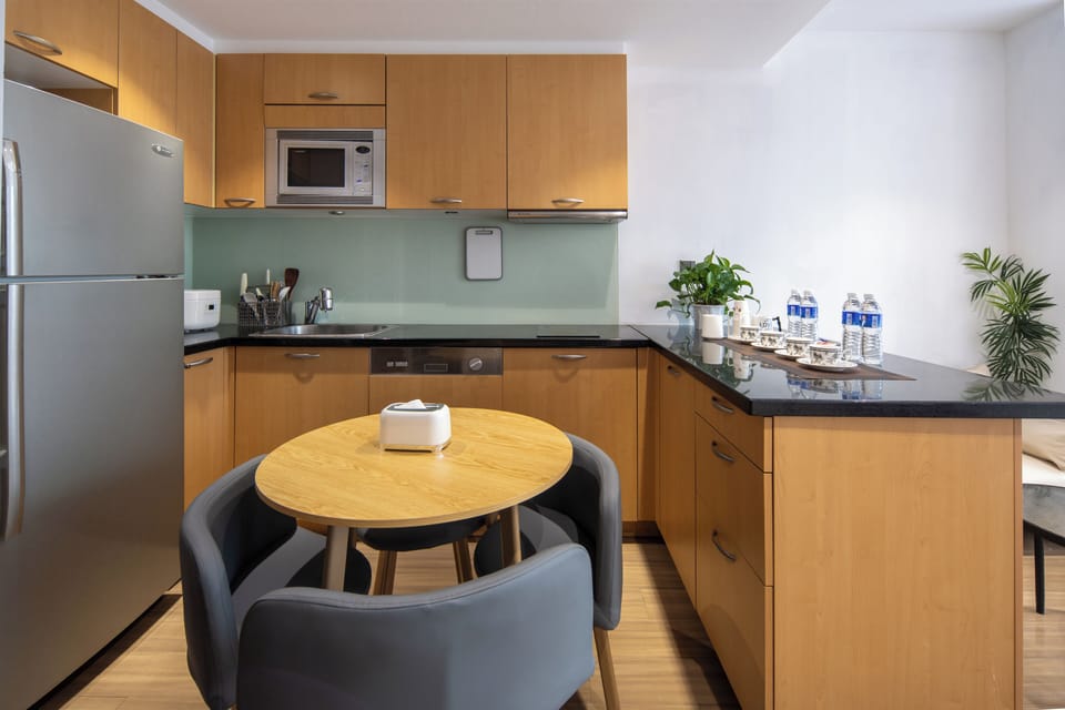 Fridge, microwave, oven, electric kettle