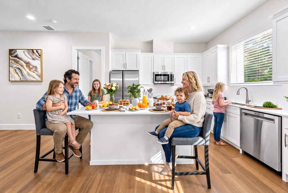 A dining table the whole family actually fits around, with the kitchen right behind it