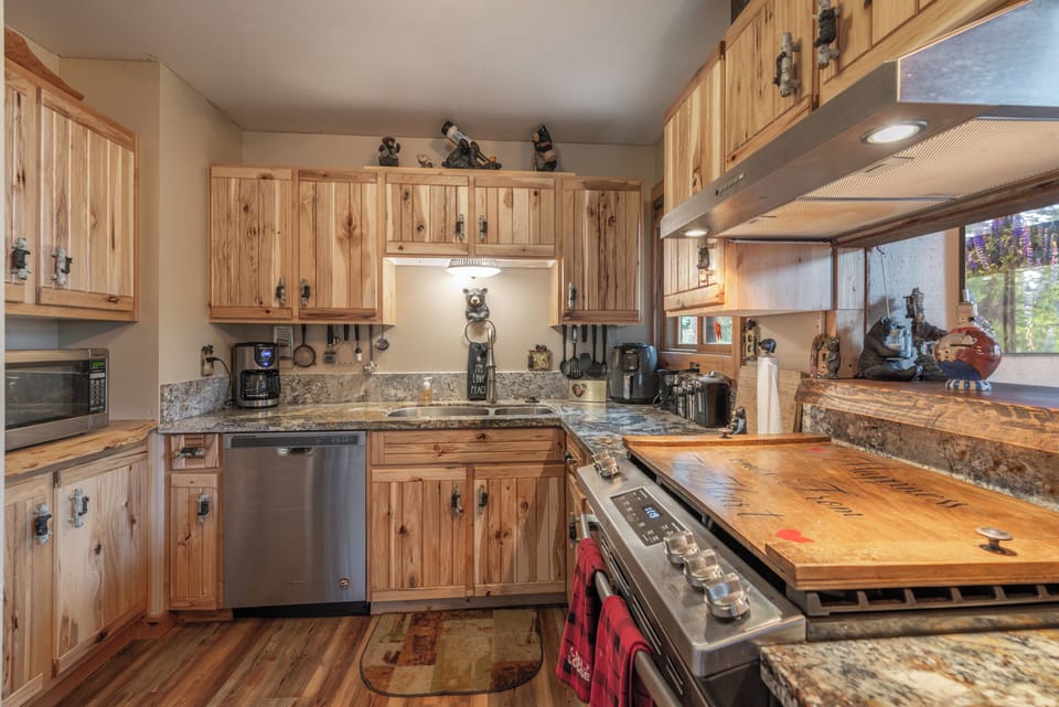 Kitchen with most everything you need! Coffee maker, air fryer, microwave...