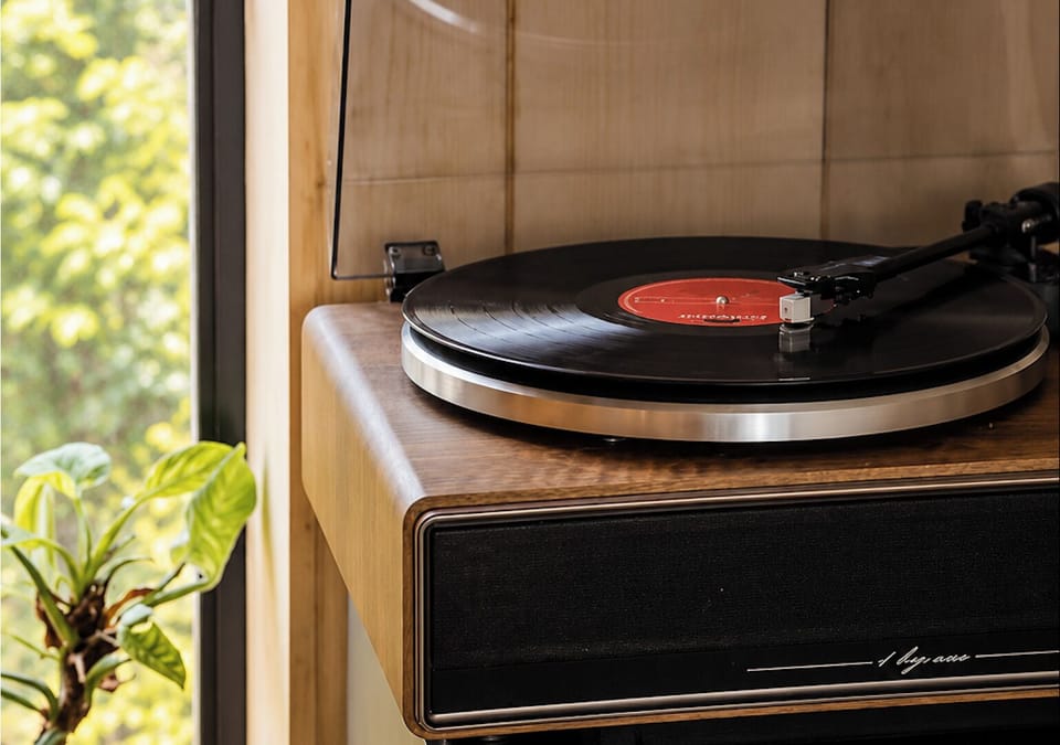Record player adds vintage charm to the game room.