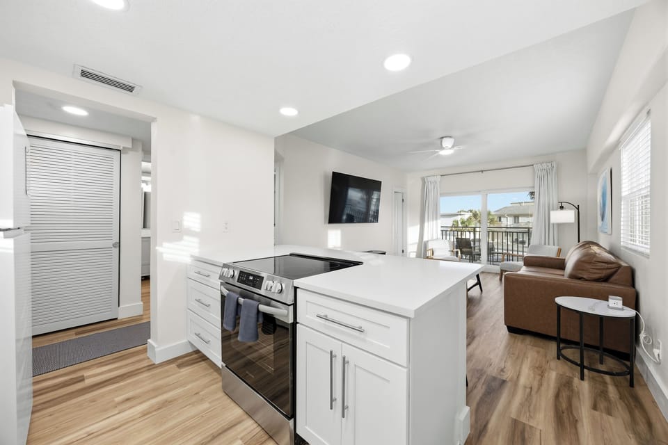 Spacious kitchen connected to living area