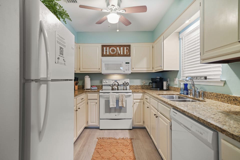 No need to eat out every meal. The kitchen is fully stocked with cookware, utensils, and a dual coffee makers for your crew of up to 6. Please bring your own K-cups or your preferred grounds.