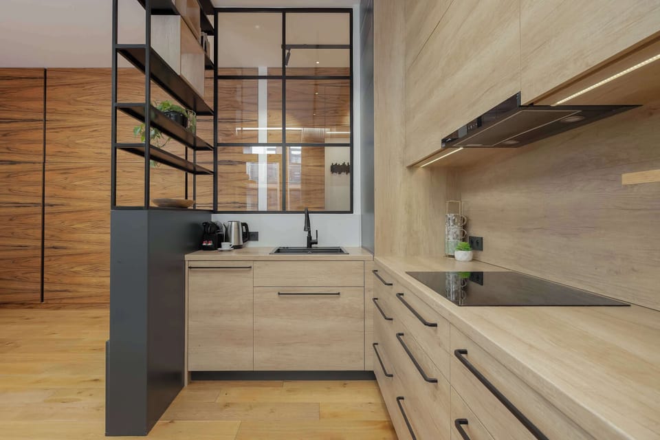 A view of the long countertop in the kitchenette, equipped with an induction cooktop and an elegant under-cabinet range hood.