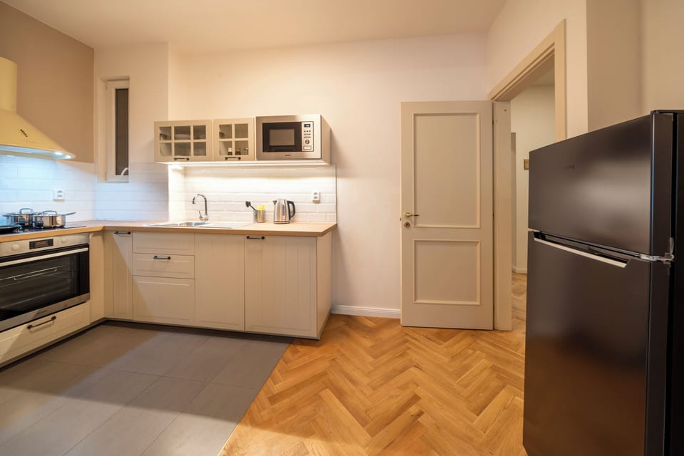 Fully equipped kitchen with large fridge